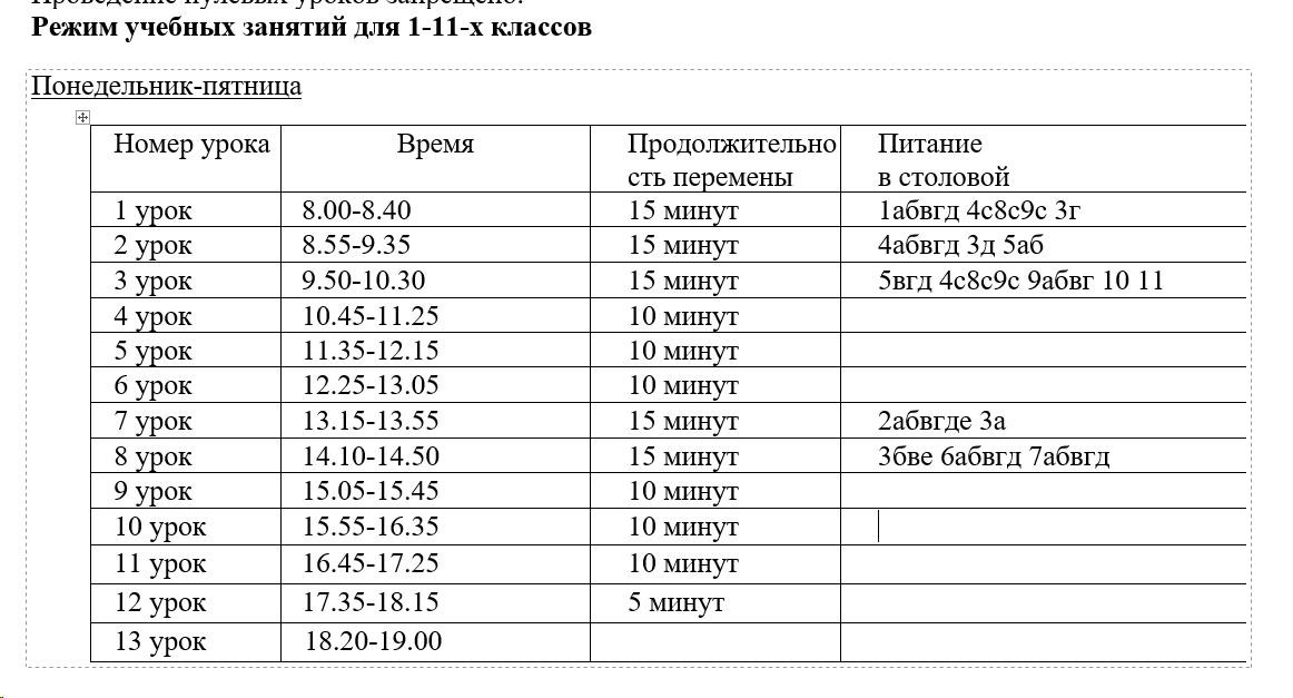 Режим занятий, расписание звонков
